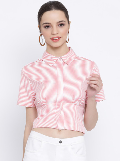 

Oxolloxo Women Pink & White Regular Fit Striped Casual Shirt