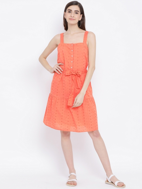 

Oxolloxo Women Orange Self Design Fit and Flare Dress