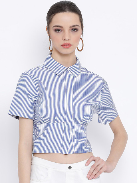 

Oxolloxo Women Blue & White Regular Fit Striped Casual Shirt