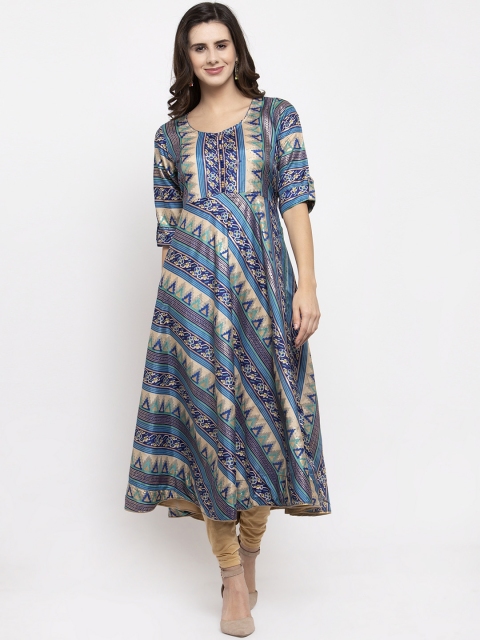 

Aujjessa Women Blue & Beige Printed A-Line Kurta