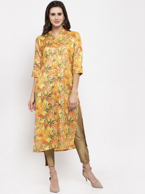 

Aujjessa Women Yellow & Green Printed Straight Kurta