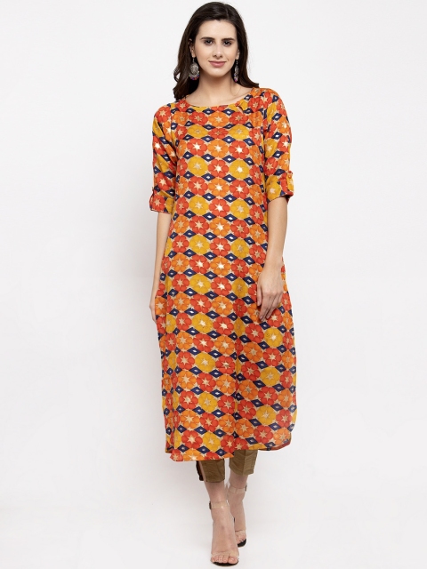 

Aujjessa Women Orange & Pink Printed Straight Kurta