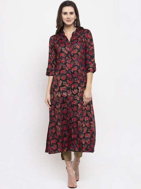 

Aujjessa Women Black & Red Printed Straight Kurta