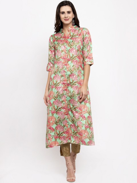 

Aujjessa Women Sea Green & Pink Printed Straight Kurta