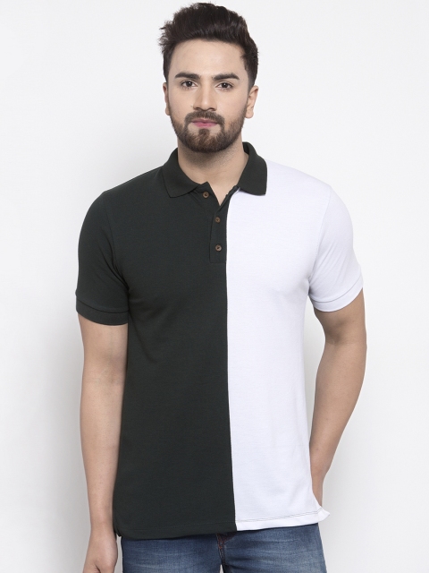

Kalt Men Olive Green & White Colourblocked Polo Collar T-shirt