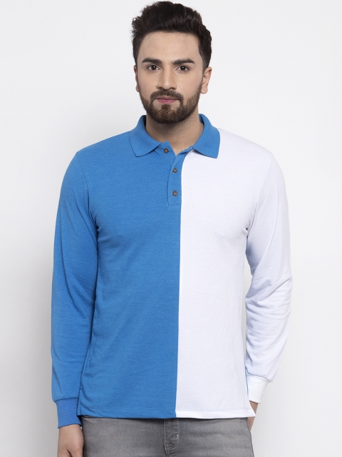 

Kalt Men Blue & White Colourblocked Polo Collar T-shirt