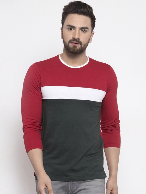 

Kalt Men Olive Green & Red Colourblocked Round Neck T-shirt