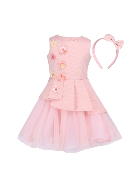 

CUTECUMBER Girls Peach-Coloured Self Design Fit and Flare Dress With Hairband