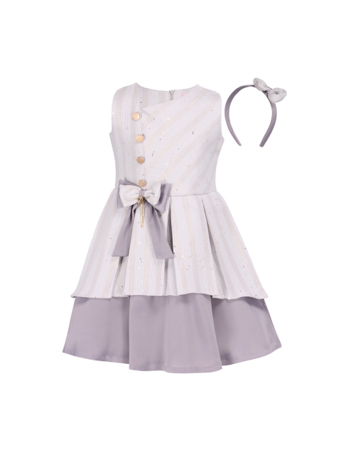 

CUTECUMBER Girls Grey Striped Fit and Flare Dress with a Hairband