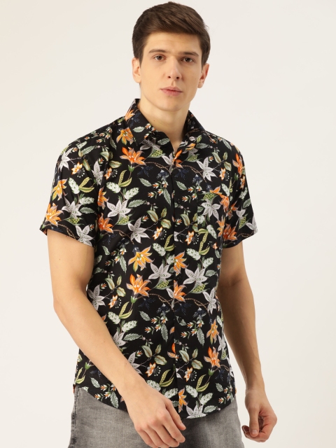 

Hancock Men Black & Orange Slim Fit Floral Print Casual Shirt