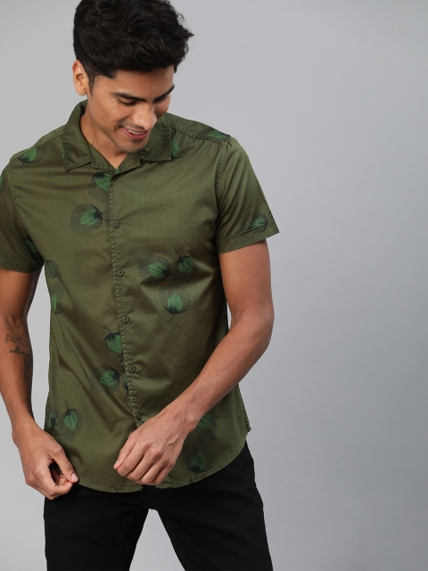 

HERE&NOW Men Olive Green Slim Fit Printed Casual Shirt