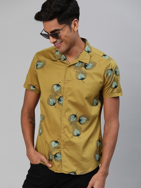 

HERE&NOW Men Mustard Yellow Slim Fit Printed Casual Shirt