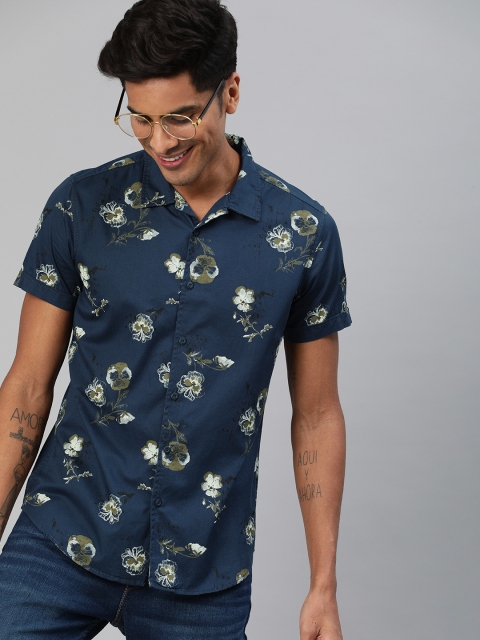 

HERE&NOW Men Navy Blue & White Slim Fit Floral Printed Casual Shirt