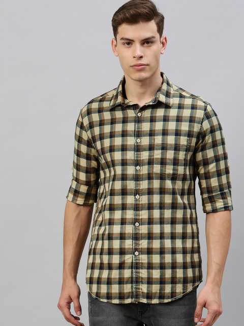 

HERE&NOW Men Yellow & Navy Blue Slim Fit Checked Casual Shirt