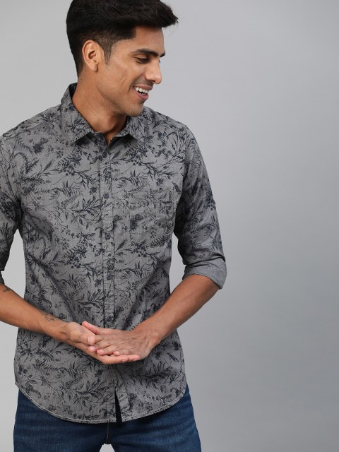 

HERE&NOW Men Grey & Navy Blue Slim Fit Floral Printed Casual Shirt