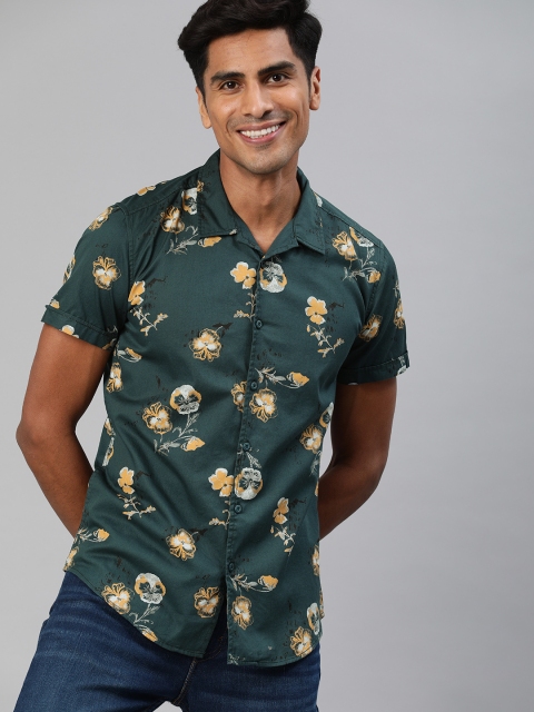 

HERE&NOW Men Green & Yellow Slim Fit Floral Printed Casual Shirt