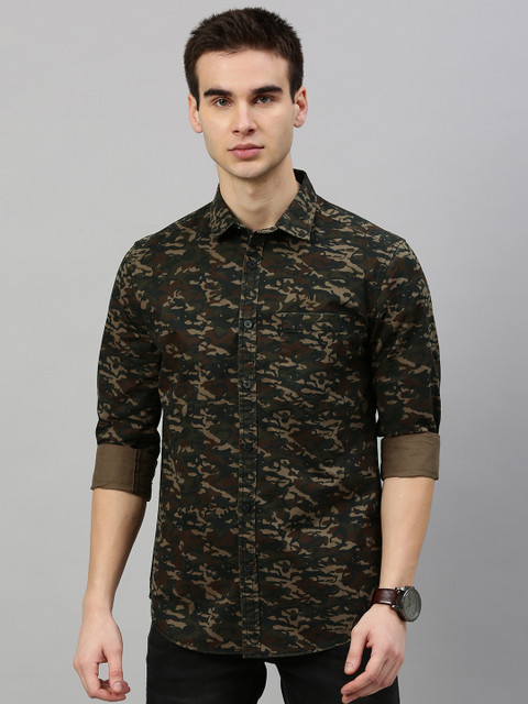 

HERE&NOW Men Olive Brown & Black Slim Fit Printed Casual Shirt