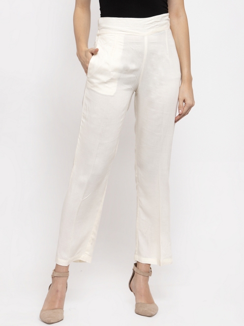 

Aujjessa Women Cream-Coloured Smart Regular Fit Solid Cigarette Trousers