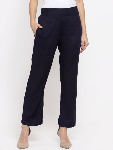 

Aujjessa Women Navy Blue Smart Regular Fit Solid Cigarette Trousers