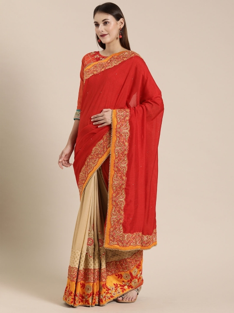 

SHAVYA Red & Gold-Coloured Pure Georgette Embroidered Half & Half Saree