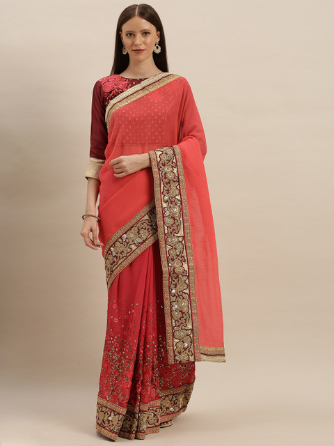 

SHAVYA Red Embroidered Pure Georgette Saree