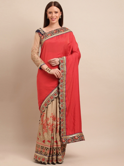 

SHAVYA Coral Red Solid Pure Georgette Embroidered & Embellished Saree