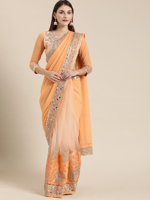 

SHAVYA Orange Pure Georgette Embroidered Saree with Mirror Work