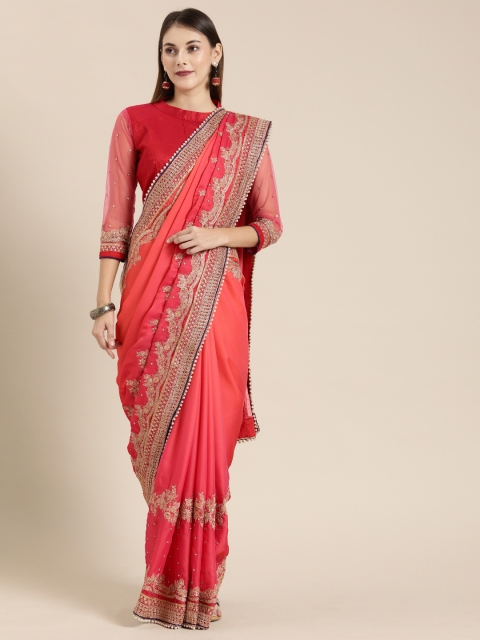 

SHAVYA Peach-Coloured Embroidered Pure Georgette Saree