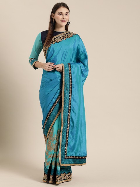 

SHAVYA Turquoise Blue & Beige Pure Georgette Embroidered Saree