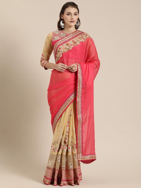 

SHAVYA Pink & Beige Pure Georgette Embroidered Half and Half Saree