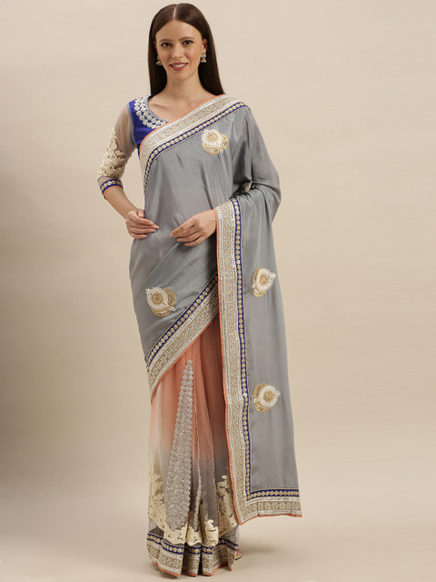 

SHAVYA Grey & Blue Pure Georgette Embroidered Saree