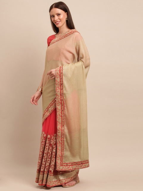 

SHAVYA Beige & Red Pure Georgette Embroidered Half & Half Saree