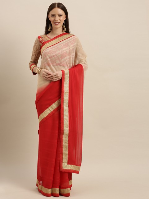 

SHAVYA Red & Beige Pure Georgette Colourblocked Saree