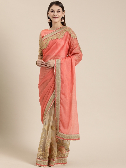 

SHAVYA Pink & Gold-Toned Pure Georgette Embroidered Saree