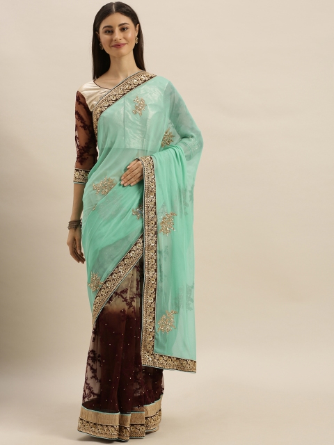 

SHAVYA Turquoise Blue & Gold-Toned Pure Georgette Embellished Saree