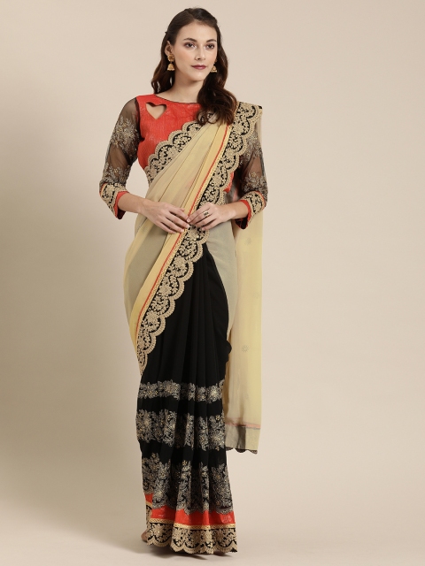

SHAVYA Beige & Black Pure Georgette Embroidered Saree