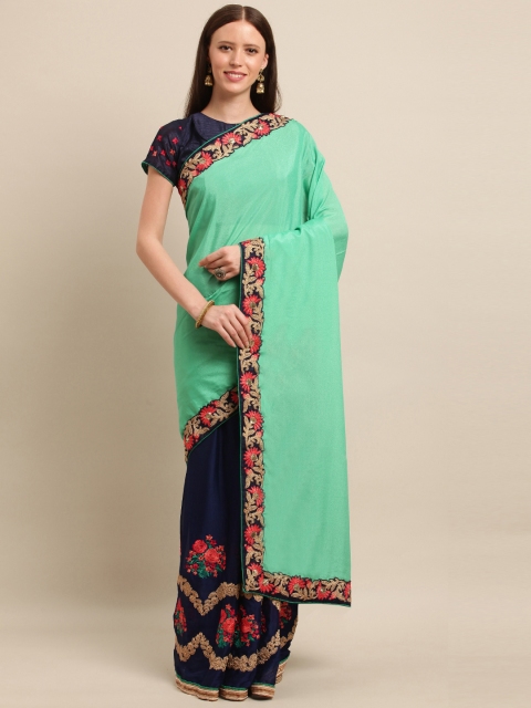 

SHAVYA Navy Blue & Sea Green Pure Georgette Embroidered Half & Half Saree
