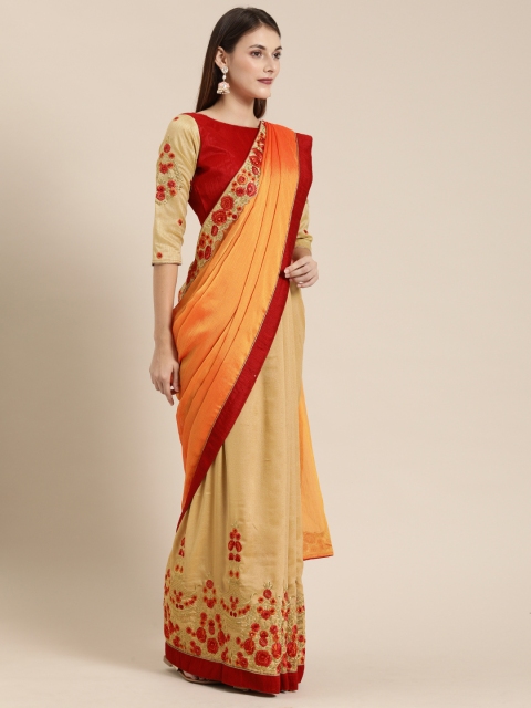 

SHAVYA Orange & Beige Pure Georgette Embroidered Half & Half Saree