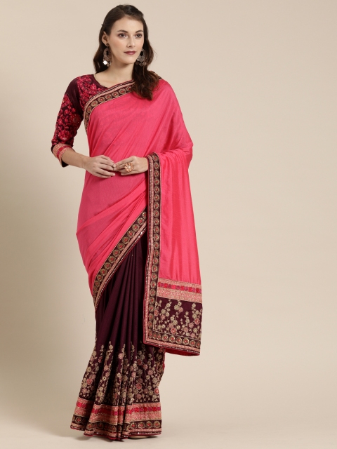 

SHAVYA Pink & Burgundy Pure Georgette Embroidered Half and Half Saree