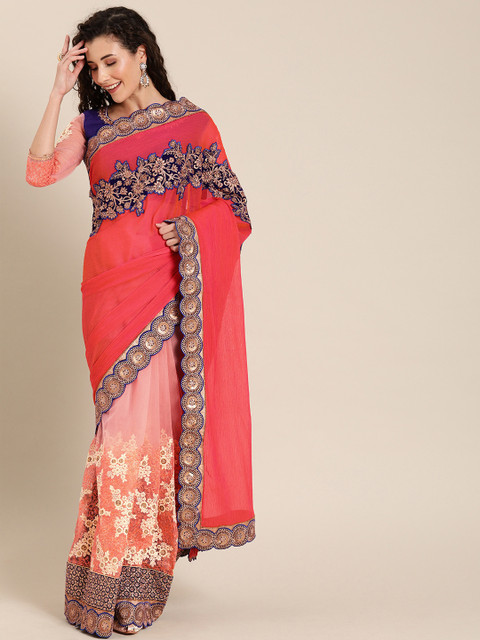 

SHAVYA Peach-Coloured & Pink Pure Georgette Embroidered Half & Half Saree