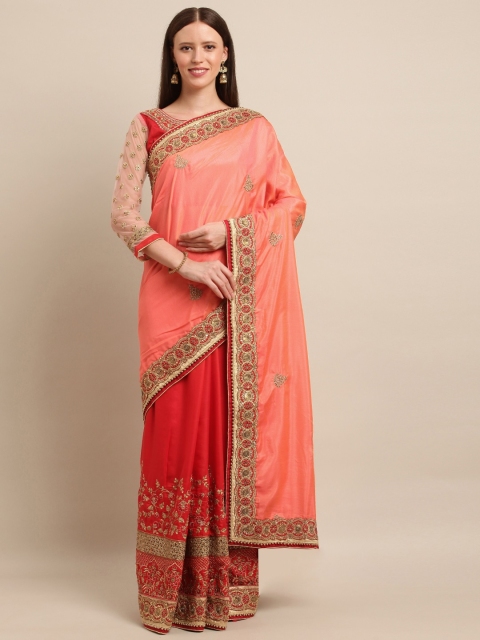 

SHAVYA Red & Peach-Coloured Pure Georgette Embroidered Half & Half Saree