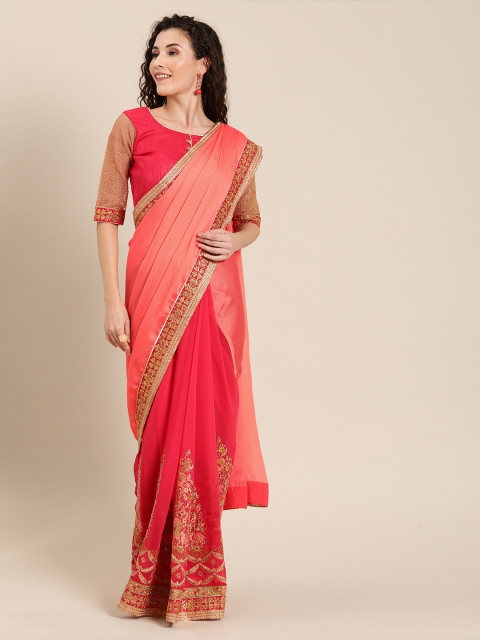 

SHAVYA Peach-Coloured & Pink Pure Georgette Embroidered Half & Half Saree