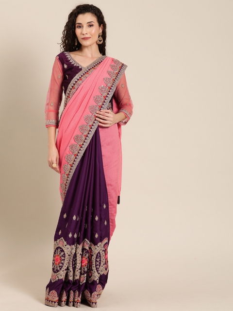 

SHAVYA Pink & Purple Pure Georgette Embroidered Half & Half Saree