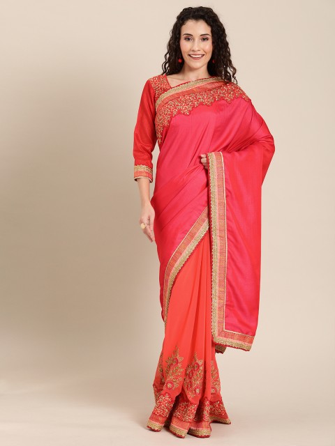 

SHAVYA Pink & Coral Red Pure Georgette Embroidered Half & Half Saree