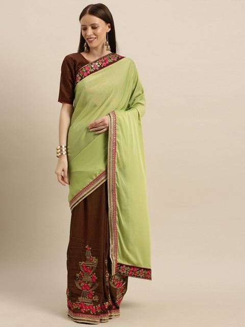 

SHAVYA Green & Brown Pure Georgette Embroidered Saree