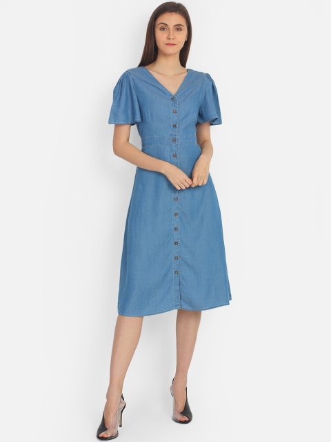 

COVER STORY Women Blue Solid Fit and Flare Dress