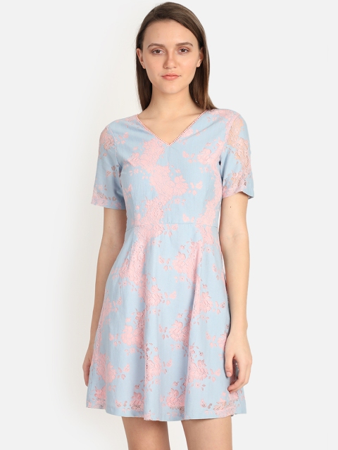

COVER STORY Women Blue Printed Fit and Flare Dress