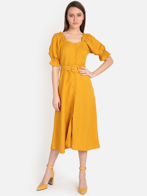 

COVER STORY Women Mustard Yellow Solid Fit and Flare Dress