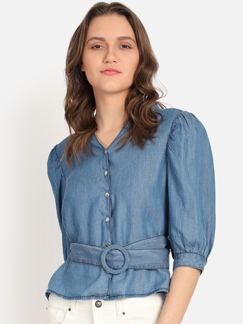 

COVER STORY Women Blue Solid Shirt Style Top