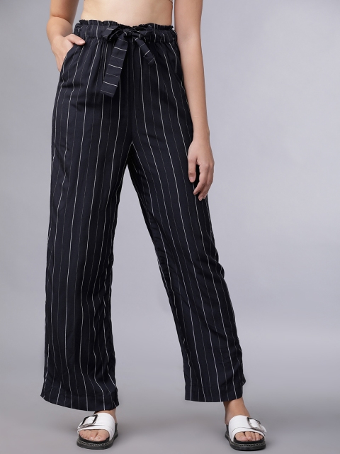 

Tokyo Talkies Women Navy Blue & White Regular Fit Striped Regular Trousers